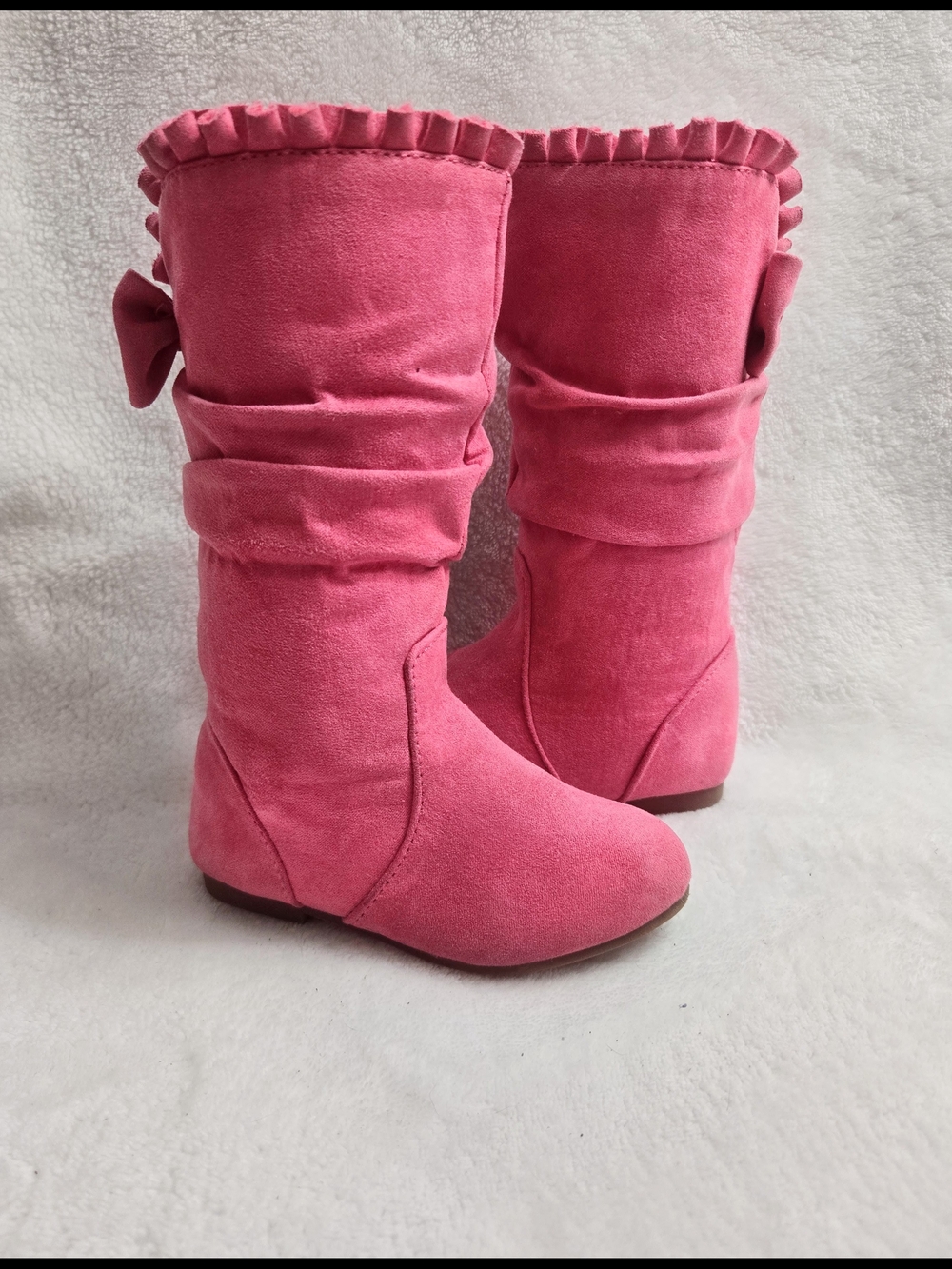 Girls Pink Suede-Look Bow Mid-Calf Boots Kids Size 5 Toddler
